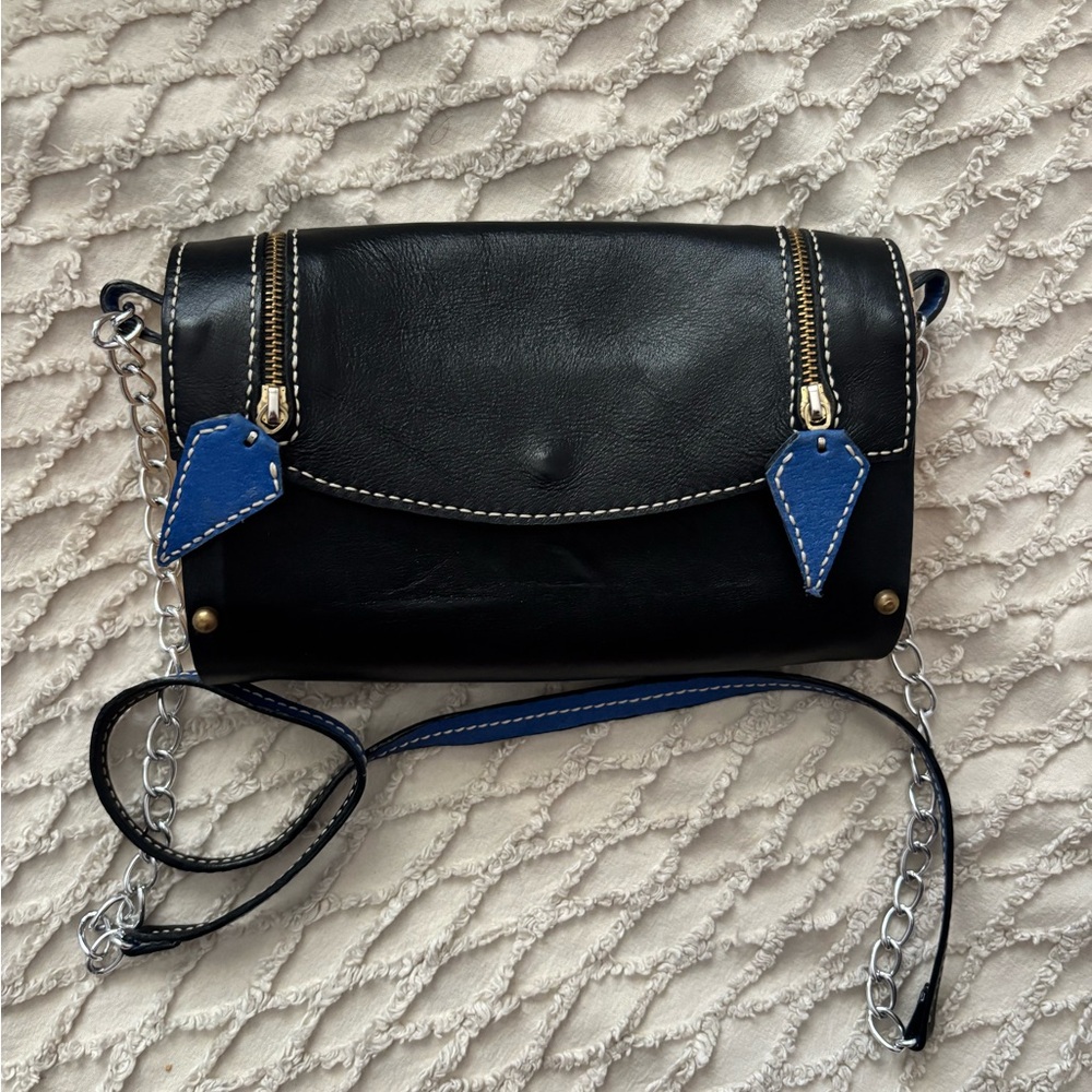 Black and blue wood crossbody purse